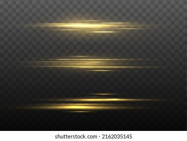 Set of flashes, Lights, Sparkles. Bright gold glares on transparent background. Abstract golden lights. Yellow horizontal lens flares pack. Laser beams, light rays, lines. Vector illustration. 