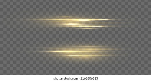 Set of flashes, Lights, Sparkles. Bright gold glares on transparent background. Abstract golden lights. Yellow horizontal lens flares pack. Laser beams, light rays, lines. Vector illustration. 