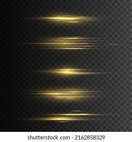 Set of flashes, Lights, Sparkles. Bright gold glares on transparent background. Abstract golden lights. Yellow horizontal lens flares pack. Laser beams, light rays, lines. Vector illustration. 