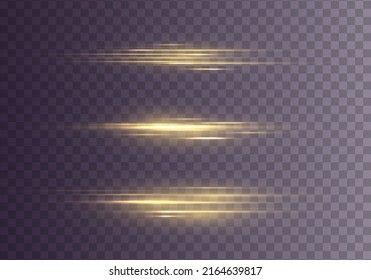 Juego de destellos, luces, espárragos. El oro brillante brilla en un fondo transparente. Resumen de luces doradas. Paquete de bengalas horizontales amarillas. Vigas láser, rayos de luz, líneas. Ilustración vectorial. 