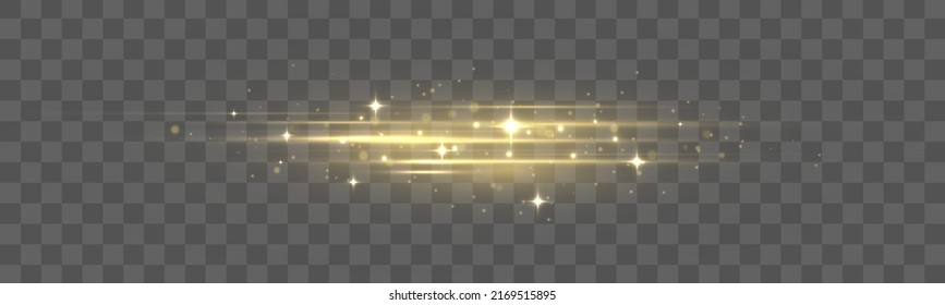 Juego de destellos, luces, espárragos. El oro brillante brilla en un fondo transparente. Resumen de luces doradas. Paquete de bengalas horizontales amarillas. Vigas láser, rayos de luz, líneas. Ilustración vectorial. 