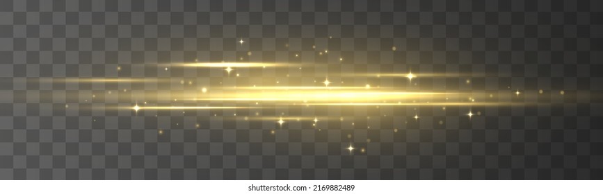 Reihe von Blitzen, Lichtern, Funkeln. Helle goldene Glasseisen auf transparentem Hintergrund. Abstrakte goldene Lichter. Paket mit gelben horizontalen Linsenfackeln. Laserstrahlen, Lichtstrahlen, Linien. Vektorgrafik. 