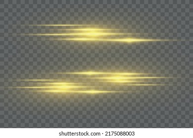 Set of flashes, Lights, Sparkles. Bright gold glares on transparent background. Abstract golden lights. Yellow horizontal lens flares pack. Laser beams, light rays, lines. Vector illustration.