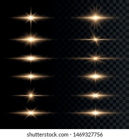 Set of flashes, Lights and Sparkles on a transparent background. Bright gold flashes and glares. Abstract golden lights isolated  Bright rays of light. Glowing lines. Vector illustration eps 10.