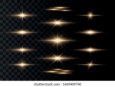 Set of flashes, Lights and Sparkles on a transparent background. Bright gold flashes and glares. Abstract golden lights isolated  Bright rays of light. Glowing lines. Vector illustration eps 10.