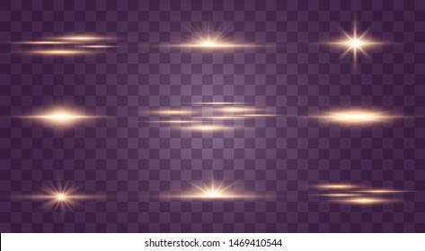 Set of flashes, Lights and Sparkles on a transparent background. Bright gold flashes and glares. Abstract golden lights isolated  Bright rays of light. Glowing lines. Vector illustration eps 10.
