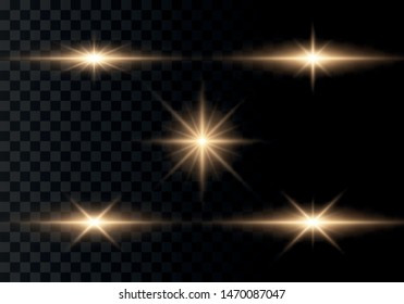 Set of flashes, Lights and Sparkles on a transparent background. Bright gold flashes and glares. Abstract golden lights isolated  Bright rays of light. Glowing lines. Vector illustration eps 10.