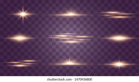 Set of flashes, Lights and Sparkles on a transparent background. Bright gold flashes and glares. Abstract golden lights isolated  Bright rays of light. Glowing lines. Vector illustration eps 10.