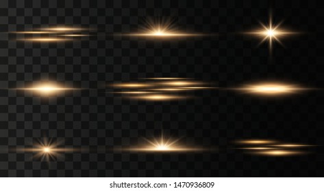Set of flashes, Lights and Sparkles on a transparent background. Bright gold flashes and glares. Abstract golden lights isolated  Bright rays of light. Glowing lines. Vector illustration eps 10.