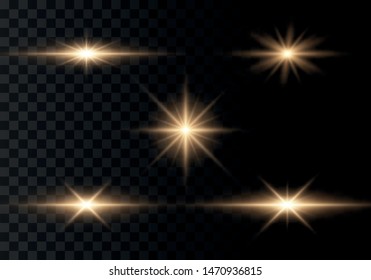 Set of flashes, Lights and Sparkles on a transparent background. Bright gold flashes and glares. Abstract golden lights isolated  Bright rays of light. Glowing lines. Vector illustration eps 10.