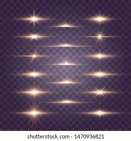Set of flashes, Lights and Sparkles on a transparent background. Bright gold flashes and glares. Abstract golden lights isolated  Bright rays of light. Glowing lines. Vector illustration eps 10.