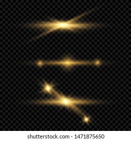 Set of flashes, Lights and Sparkles on a transparent background. Bright gold flashes and glares. Abstract golden lights isolated Bright rays of light. Glowing lines. Vector illustration eps 10.