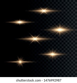 Set of flashes, Lights and Sparkles on a transparent background. Bright gold flashes and glares. Abstract golden lights isolated  Bright rays of light. Glowing lines. Vector illustration eps 10.