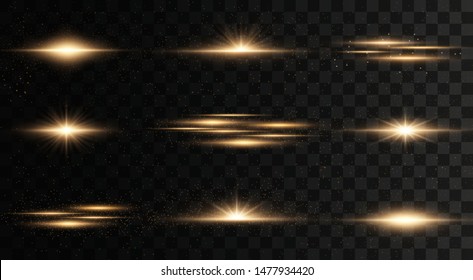 Set of flashes, Lights and Sparkles on a transparent background. Bright gold flashes and glares. Abstract golden lights isolated  Bright rays of light. Glowing lines. Vector illustration eps 10.