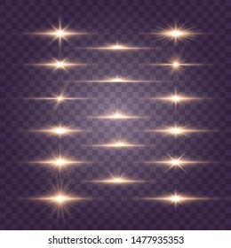 Set of flashes, Lights and Sparkles on a transparent background. Bright gold flashes and glares. Abstract golden lights isolated  Bright rays of light. Glowing lines. Vector illustration eps 10.