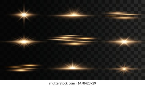 Set of flashes, Lights and Sparkles on a transparent background. Bright gold flashes and glares. Abstract golden lights isolated  Bright rays of light. Glowing lines. Vector illustration eps 10.
