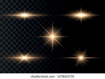 Set of flashes, Lights and Sparkles on a transparent background. Bright gold flashes and glares. Abstract golden lights isolated  Bright rays of light. Glowing lines. Vector illustration eps 10.