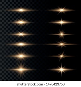 Set of flashes, Lights and Sparkles on a transparent background. Bright gold flashes and glares. Abstract golden lights isolated  Bright rays of light. Glowing lines. Vector illustration eps 10.