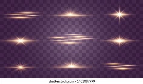 Set of flashes, Lights and Sparkles on a transparent background. Bright gold flashes and glares. Abstract golden lights isolated  Bright rays of light. Glowing lines. Vector illustration eps 10.