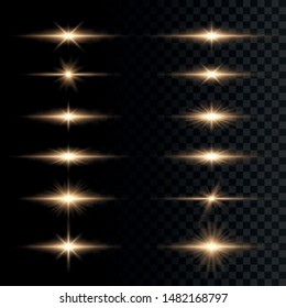 Set of flashes, Lights and Sparkles on a transparent background. Bright gold flashes and glares. Abstract golden lights isolated  Bright rays of light. Glowing lines. Vector illustration eps 10.