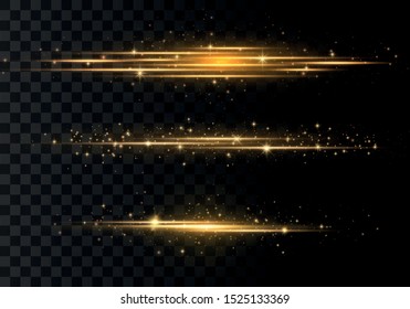 Set of flashes, Lights, Sparkles on transparent background. Bright gold  glares. Abstract golden lights isolated. Yellow horizontal lens flares pack. Laser beams, horizontal light rays, lines. Vector