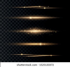 Set of flashes, Lights, Sparkles on transparent background. Bright gold  glares. Abstract golden lights isolated. Yellow horizontal lens flares pack. Laser beams, horizontal light rays, lines. Vector