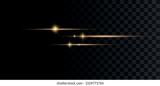 Set of flashes, Lights, Sparkles on transparent background. Bright gold  glares. Abstract golden lights isolated. Yellow horizontal lens flares pack. Laser beams, horizontal light rays, lines. Vector