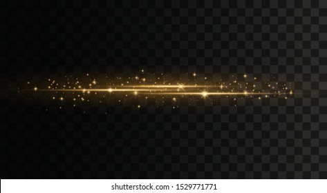 Set of flashes, Lights, Sparkles on transparent background. Bright gold  glares. Abstract golden lights isolated. Yellow horizontal lens flares pack. Laser beams, horizontal light rays, lines. Vector