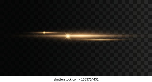 Set of flashes, Lights, Sparkles on transparent background. Bright gold  glares. Abstract golden lights isolated. Yellow horizontal lens flares pack. Laser beams, horizontal light rays, lines. Vector
