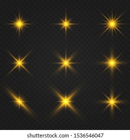 Set of flashes, Lights and Sparkles on a transparent background. Bright gold flashes and glares. Abstract golden lights isolated Bright rays of light. Glowing lines. Vector illustration eps 10.