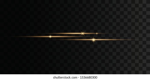 Set of flashes, Lights, Sparkles on transparent background. Bright gold  glares. Abstract golden lights isolated. Yellow horizontal lens flares pack. Laser beams, horizontal light rays, lines. Vector