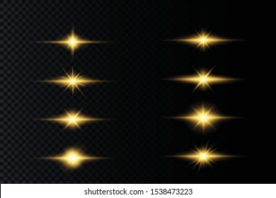 Set of flashes, Lights and Sparkles on a transparent background. Bright gold flashes and glares. Abstract golden lights isolated Bright rays of light. Glowing lines. Vector illustration eps 10.