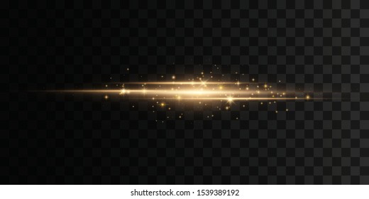 Set of flashes, Lights, Sparkles on transparent background. Bright gold  glares. Abstract golden lights isolated. Yellow horizontal lens flares pack. Laser beams, horizontal light rays, lines. Vector