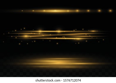 Set of flashes, Lights, Sparkles on transparent background. Bright gold glares. Abstract golden lights isolated. Yellow horizontal lens flares pack. Laser beams, horizontal light rays, lines. Vector