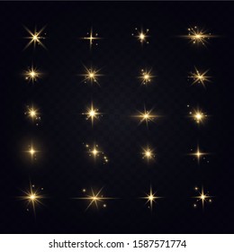 Set of flashes, Lights and Sparkles on a transparent background. Bright gold flashes and glares. Abstract golden lights isolated Bright rays of light. Glowing lines.