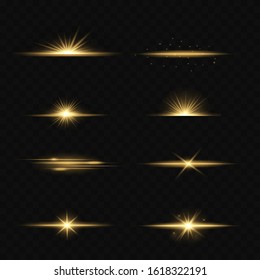 Set of flashes, Lights and Sparkles on a transparent background. Bright gold flashes and glares. Abstract golden lights isolated Bright rays of light. Glowing lines.