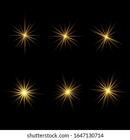 Conjunto de destellos, luces y sombras sobre un fondo transparente. El oro brillante resplandece y resplandece. Luces de oro abstractas aisladas Rayos de luz brillantes. Líneas brillantes. Ilustración vectorial, pasos 10