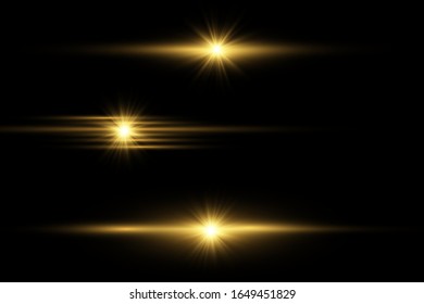 Set of flashes, Lights, Sparkles on transparent background. Bright gold glares. Abstract golden lights isolated. Yellow horizontal lens flares pack. Laser beams, horizontal light rays, lines. Vector