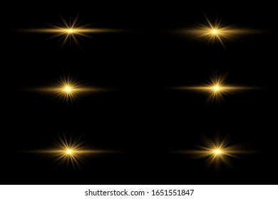 Conjunto de destellos, luces y sombras sobre un fondo transparente. El oro brillante resplandece y resplandece. Luces de oro abstractas aisladas Rayos de luz brillantes. Líneas brillantes. Ilustración vectorial, pasos 10.