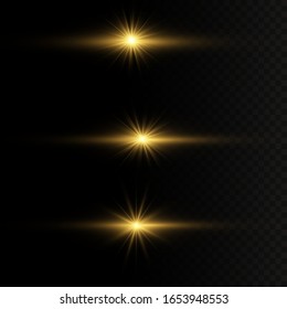 Set of flashes, Lights and Sparkles on a transparent background. Bright gold flashes and glares. Abstract golden lights isolated Bright rays of light. Glowing lines. Vector illustration eps 10