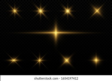 Set of flashes, Lights, Sparkles on transparent background. Bright gold glares. Abstract golden lights isolated. Yellow horizontal lens flares pack. Laser beams, horizontal light rays, lines. Vector