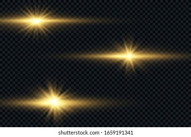 Set of flashes, Lights and Sparkles on a transparent background. Bright gold flashes and glares. Abstract golden lights isolated Bright rays of light. Glowing lines. Vector illustration eps 10.