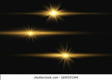 Set of flashes, Lights and Sparkles on a transparent background. Bright gold flashes and glares. Abstract golden lights isolated Bright rays of light. Glowing lines. Vector illustration eps 10.