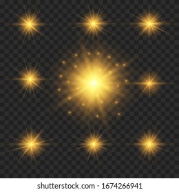 Set of flashes, Lights and Sparkles on a transparent background. Bright gold flashes and glares. Abstract golden lights isolated Bright rays of light. Glowing lines. Vector illustration eps 10.