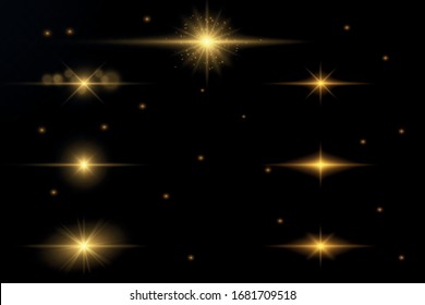 Set of flashes, Lights and Sparkles on a transparent background. Bright gold flashes and glares. Abstract golden lights isolated Bright rays of light. Glowing lines. Vector illustration eps 10.
