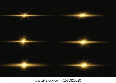 Satz von Blitzen, Lichtern und Falten auf transparentem Hintergrund. Helles Gold blinkt und glänzt. Abstrakte goldene Lichter isoliert Helle Lichtstrahlen. Glühende Linien. Vektorillustration, Abbildung eps10.
