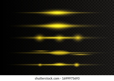 Satz von Blitzen, Lichtern und Falten auf transparentem Hintergrund. Helles Gold blinkt und glänzt. Abstrakte goldene Lichter isoliert Helle Lichtstrahlen. Glühende Linien. Vektorillustration, EPS10