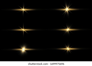 Set of flashes, Lights and Sparkles on a transparent background. Bright gold flashes and glares. Abstract golden lights isolated Bright rays of light. Glowing lines. Vector illustration eps 10