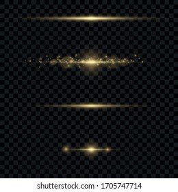 Set Of Flashes, Lights, Sparkles On Transparent Background. Bright Gold Glares. Abstract Golden Lights Isolated. Yellow Horizontal Lens Flares Pack. Laser Beams, Horizontal Light Rays, Lines. Vector