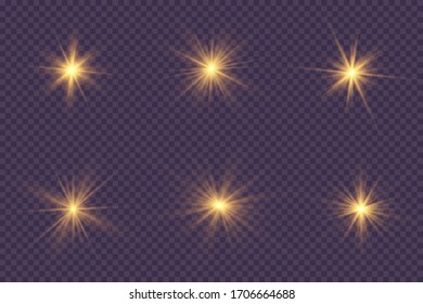 Set of flashes, Lights and Sparkles on a transparent background. Bright gold flashes and glares. Abstract golden lights isolated Bright rays of light. Glowing lines. Vector illustration eps 10.